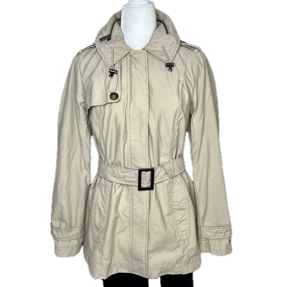 Tommy Hilfiger Trench Coat Belted Jacket Hidden Hood Beige Tan Medium M - Picture 3 of 17